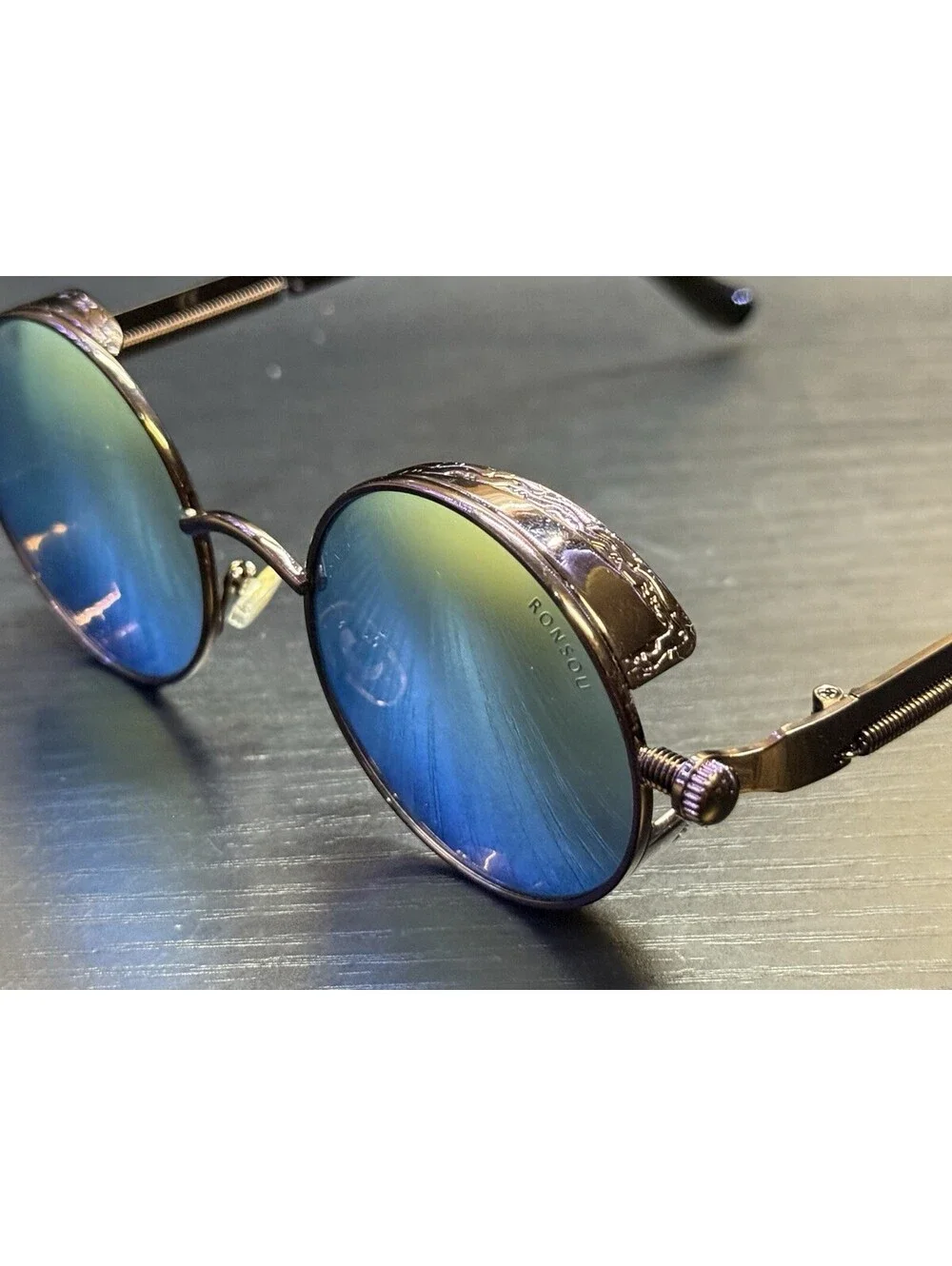 RONSOU Steampunk Round Sunglasses Blue Mirror Lens Side Shields Retro